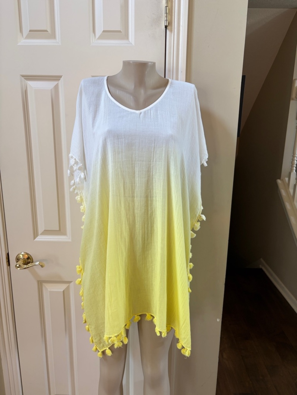Seafolly Amnesia White to Yellow Ombre Tassel Swim Cover-Up kaftan, o/s